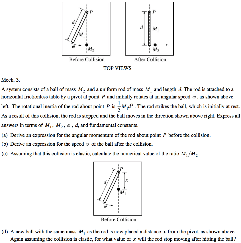 Before Collision After Collision TOP VIEWS Mech. 3. A system consists of a ball of mass M2 and a uniform rod of mass Ml and length d. The rod is attached to a horizontal frictionless table by a pivot at point P and initially rotates at an angular speed , as shown above left. The rotational inertia of the rod about point P is —Mld2. The rod strikes the ball, which is initially at rest. As a result of this collision, the rod is stopped and the ball moves in the direction shown above right. Express all answers in terms of Ml , M2, o , d, and fundamental constants. (a) Derive an expression for the angular momentum of the rod about point P before the collision. (b) Derive an expression for the speed v of the ball after the collision. (c) Assuming that this collision is elastic, calculate the numerical value of the ratio Ml/M2 . Before Collision (d) A new ball with the same mass Ml as the rod is now placed a distance x from the pivot, as shown above. Again assuming the collision is elastic, for what value of x will the rod stop moving after hitting the ball? 