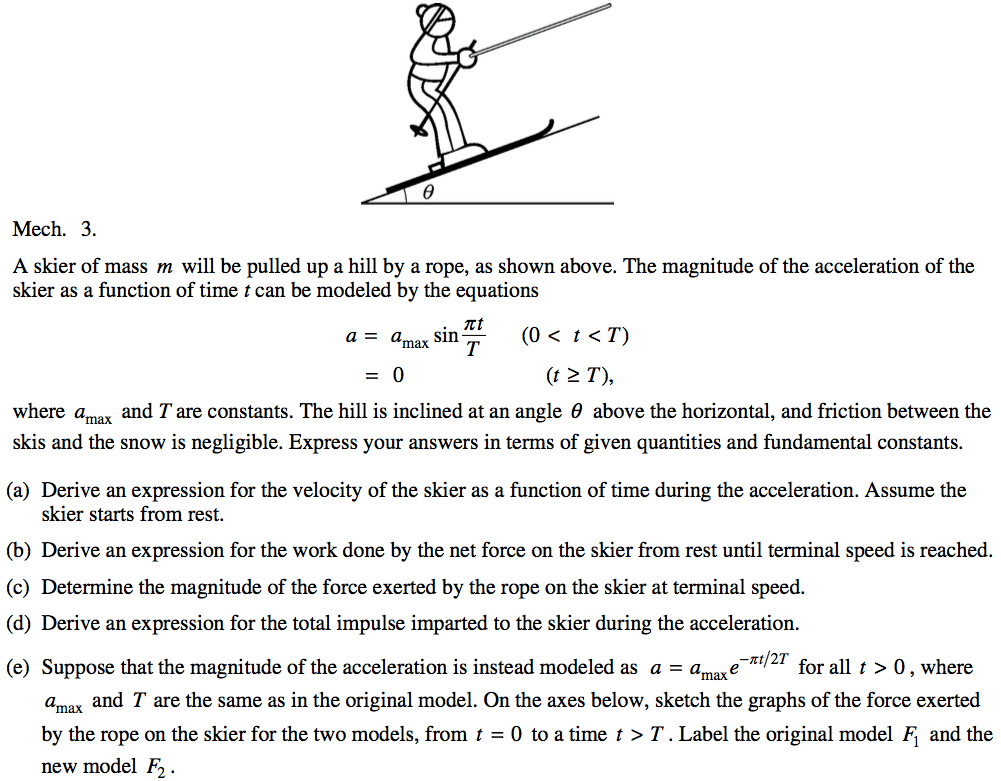 Mech. 3. A skier of mass m will be pulled up a hill by a rope, as shown above. The magnitude of the acceleration of the skier as a function of time t can be modeled by the equations a = a sin where amax and T are constants. The hill is inclined at an angle 9 above the horizontal, and friction between the skis and the snow is negligible. Express your answers in terms of given quantities and fundamental constants. (a) Derive an expression for the velocity of the skier as a function of time during the acceleration. Assume the skier starts from rest. (b) Derive an expression for the work done by the net force on the skier from rest until terminal speed is reached. (c) Determine the magnitude of the force exerted by the rope on the skier at terminal speed. (d) Derive an expression for the total impulse imparted to the skier during the acceleration. -rt/2T (e) Suppose that the magnitude of the acceleration is instead modeled as a = amaxe for all t > O , where amax and T are the same as in the original model. On the axes below, sketch the graphs of the force exerted by the rope on the skier for the two models, from t = O to a time t > T . Label the original model Fl and the new model F2 . 