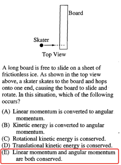 Board Skater Top View A long board is free to slide on a sheet of frictionless ice. As shown in the top view above, a skater skates to the board and hops onto one end, causing the board to slide and rotate. In this situation, which of the following occurs? (A) Linear momentum is converted to angular (B) (C) (D (E) momentum. Kinetic energy is converted to angular momentum. Rotational kinetic energy is conserved. Translational kinetic ener is conserved. Linear momentum and angular momentum are both conserved. 