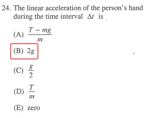 24. The linear acceleration of the person's hand during the time interval At is (E) zero T -mg 2 (C) (D) 