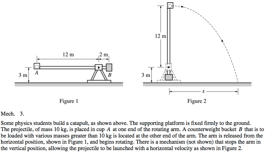 12m 12m Figure 1 Figure 2 Mech. 3. Some physics students build a catapult, as shown above. The supporting plafform is fixed firmly to the ground. The projectile, of mass 10 kg, is placed in cup A at one end of the rotating arm. A counterweight bucket B that is to be loaded with various masses greater than 10 kg is located at the other end of the arm. The arm is released from the horizontal position, shown in Figure 1, and begins rotating. There is a mechanism (not shown) that stops the arm in the vertical position, allowing the projectile to be launched with a horizontal velocity as shown in Figure 2. 
