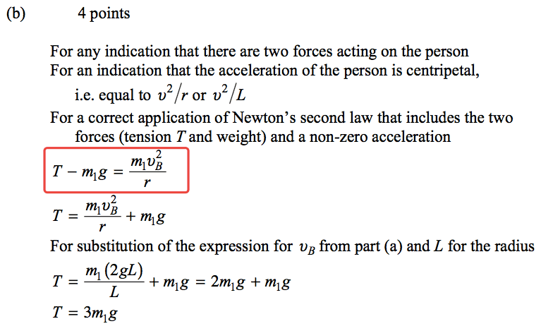 (b) 4 points For any Indication that there are two forces acting on the person For an indication that the acceleration of the person is cenü-ipetal, i.e. equal to v rorv L For a correct application of Newton's second law that includes the two forces (tension T and weight) and a non-zero acceleration 2 T - mig = For substitution of the expression for VB from part (a) and L for the radius ml (2gL) + ntlg = 2n11g + ntlg 