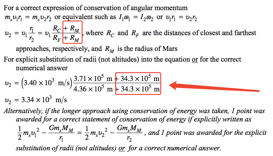 For a correct expression of conservation of angular momentum m st)lh = msV2h ore uivalentsuchas 1101 = 1202 or = rl Rc RM where Rc and RF are the distances of closest and farthest approaches, respectively, and RM is the radius of Mars For explicit substitution of radii (not altitudes) into the equation for the correct numerical answer 3.71 x 105m 34.3 x 105 m = (3.40 x 103 m/s) 4.36 x 105m 34.3 x 105 m = 3.34 x 103 m/s Alternatively, if the longer approach using conservation of energy was taken, 1 point was awarded for a correct statement of conservation of energ' if explicitly written as 2 GmsMM 1 2 Gem M 1 2 — , and 1 point was awarded for the explicit — ms1)2 2 substitution of radii (not altitudes) QC for a correct numerical answer. 