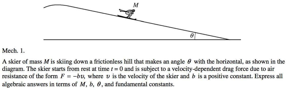Mech. 1. A skier of mass M is skiing down a frictionless hill that makes an angle e with the horizontal, as shown in the diagram. The skier starts from rest at time t = O and is subject to a velocity-dependent drag force due to air resistance of the form F = —bv, where V is the velocity of the skier and b is a positive constant. Express all algebraic answers in terms of M, b, e, and fundamental constants. 