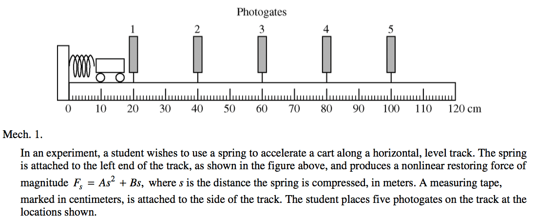 1 10 20 30 2 40 50 Photogates 3 60 70 4 80 90 5 100 0 Mech. 1. 110 120 cm In an experiment, a student wishes to use a spring to accelerate a cart along a horizontal, level track. The spring is attached to the left end of the track, as shown in the figure above, and produces a nonlinear restoring force of magnitude FS = As2 + Bs, where s is the distance the spring is compressed, in meters. A measuring tape, marked in centimeters, is attached to the side of the track. The student places five photogates on the track at the locations shown. 