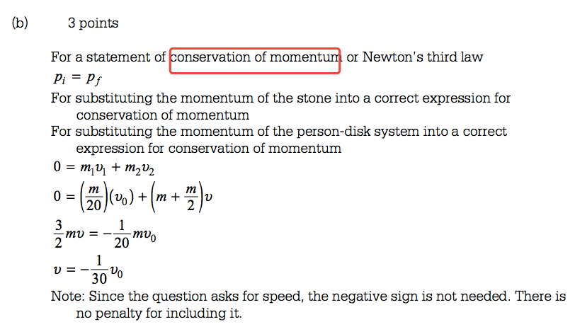 (b) 3 points For a statement of onservation of moment or Newton's third law For substituting the momentum of the stone into a correct expression for conservation of momentum For substituting the momentum of the person-disk system into a correct expression for conservation of momentum 0 = nilD1 + ni2V2 (Do) + ni+#-v 3 —mv = 2 mvo 20 Note: Since the question asks for speed, the negative sign is not needed. There is no penalty for including it. 