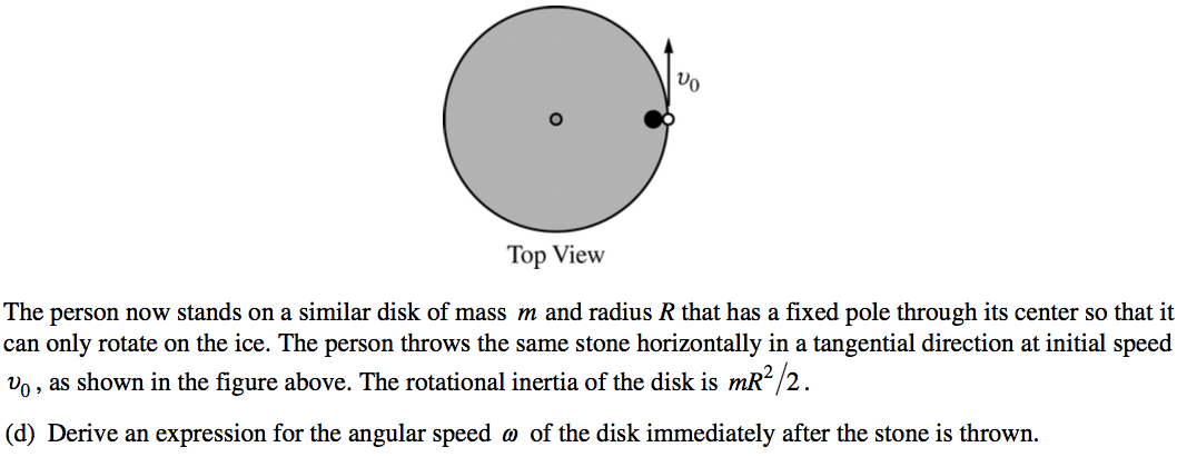 Top View The person now stands on a similar disk of mass m and radius R that has a fixed pole through its center so that it can only rotate on the ice. The person throws the same stone horizontally in a tangential direction at initial speed , as shown in the figure above. The rotational inertia of the disk is mR 2. (d) Derive an expression for the angular speed (D of the disk immediately after the stone is thrown. 